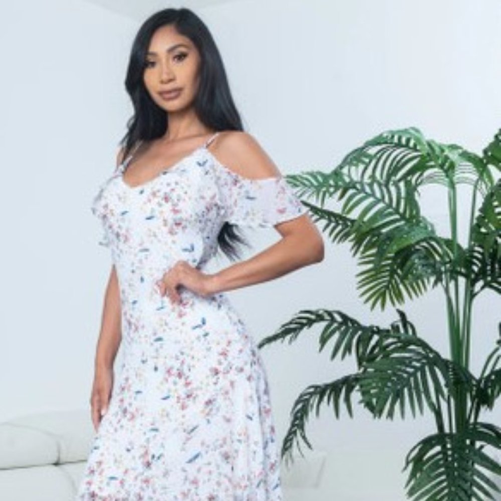White Floral Off the Shoulder Asymmetrical Dress
